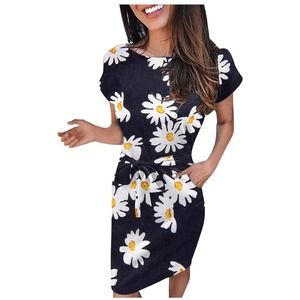 New Women's O-Neck Short Sleeve Elastic Waist Floral Print Casual Loose Sundress
